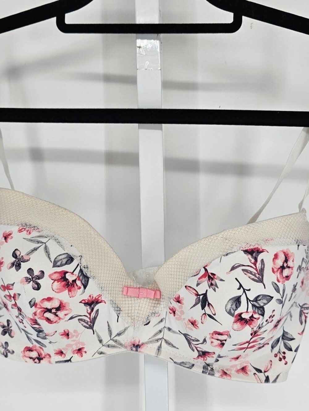Laura Ashley Womens Sz 36C Demi Bra White w/ Pink and Gray Floral Print